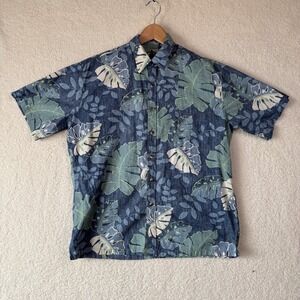 Tori Richard Hawaiian Shirt Mens L Honolulu Blue Green Tropical Palm Leaves